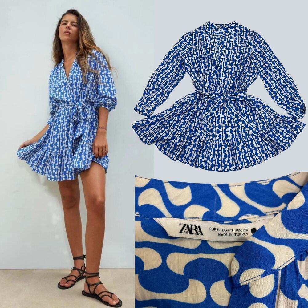 ZARA S Blue & White Swirl Print Wrap Dress | Belted, Long Sleeve, Pleated Hem